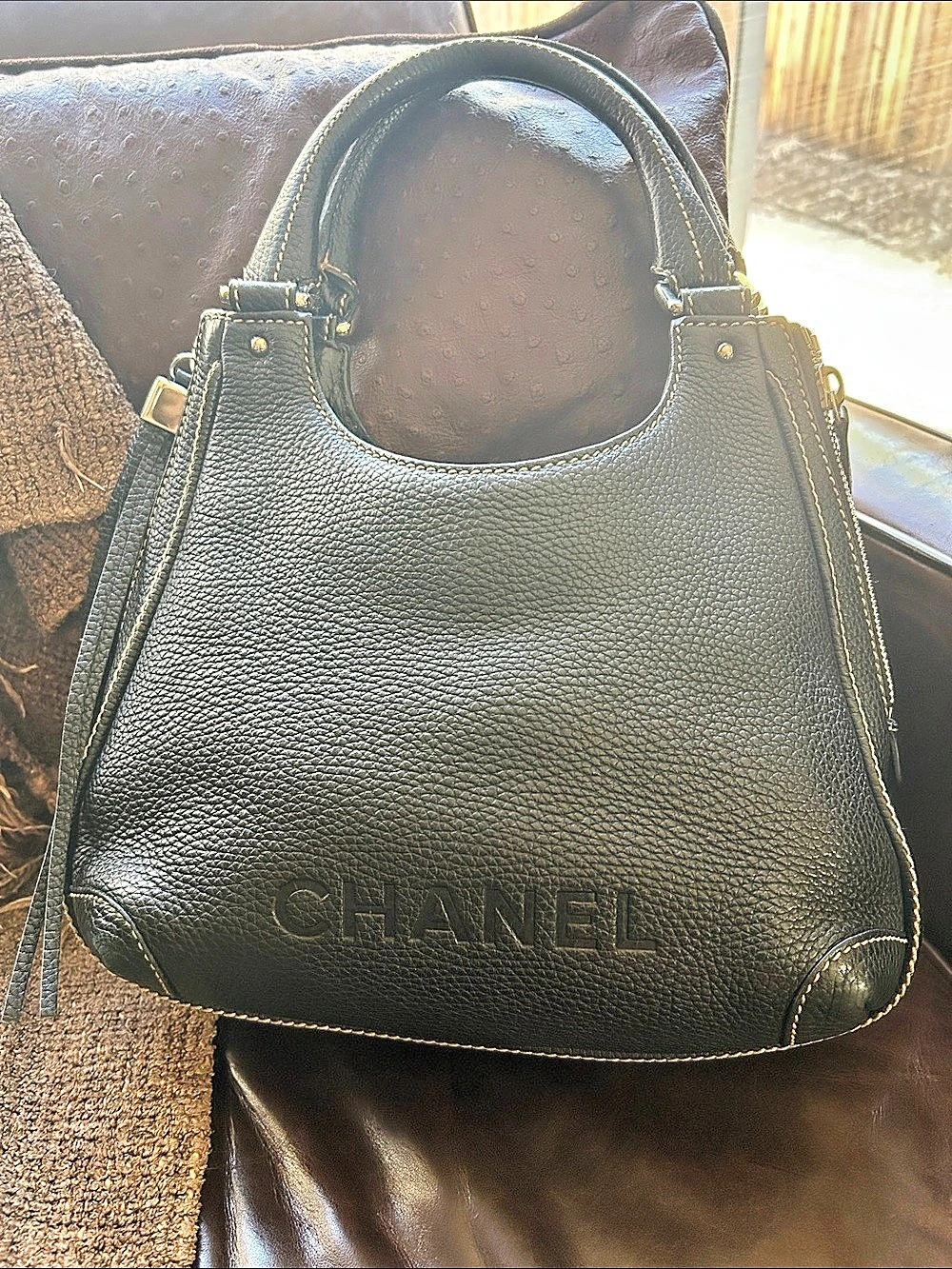 Chanel Pebbled Leather Shoulder Bag with Tassel Black Leather